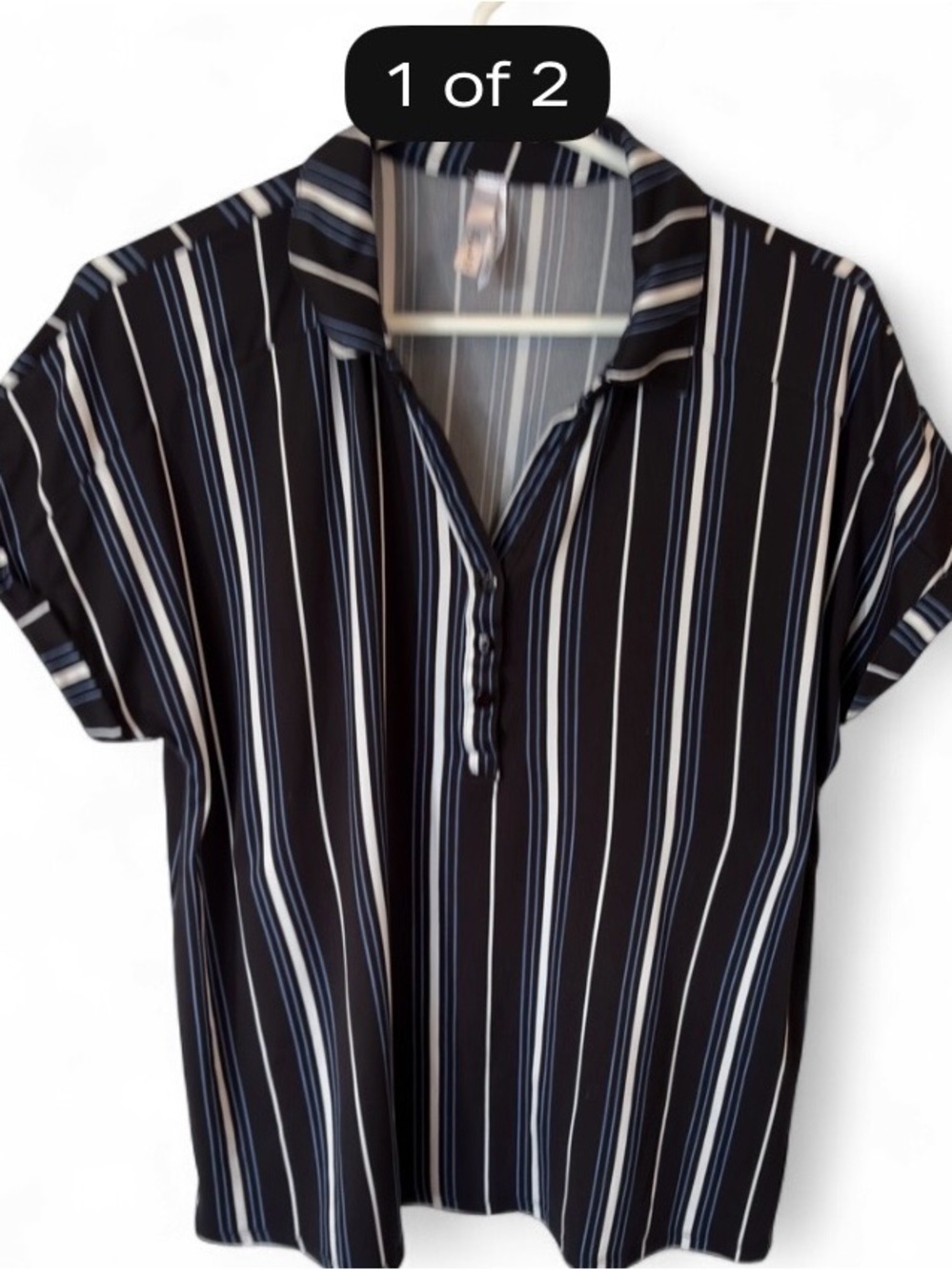 Women's Black Vertical Stripe Short Sleeve Polo Blouse